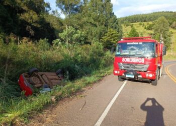 Saída de pista seguida de capotamento deixa dois homens feridos na tarde deste sábado dia 11
