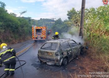 Veículo incendeia após colidir contra poste de energia em Videira