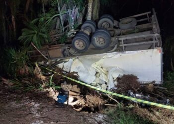 Caminhão carregado com carne capota na SC-155, em Seara