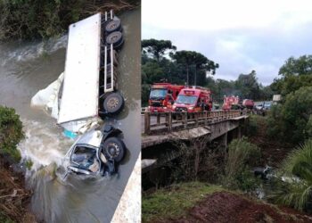 Caminhoneiro fica ferido após caminhão cair de ponte na BR-285