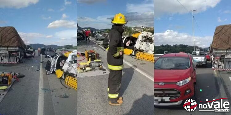 Supercolisão entre 8 veículos deixa vítimas presas às ferragens na BR-470, em SC
