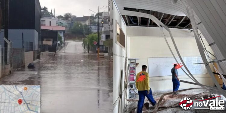 Chuva forte provoca desabamento de forro em escola e alaga ruas no Oeste