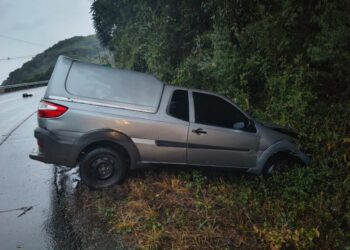 Picape sai da pista e colide contra barranco na SC-150 em Capinzal