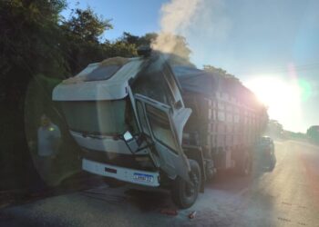 Caminhão carregado com maravalha pega fogo na SC-355 entre Água Doce e Catanduvas