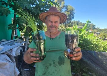 Morador de Capinzal apresenta método sustentável de plantio de hortaliças com garrafas PET