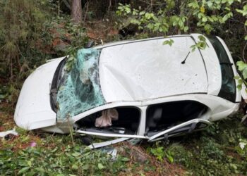 Carro sai da pista e cai em penhasco de 20 metros na BR-282, no Meio-Oeste de SC