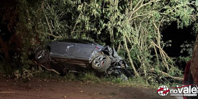 Motorista abandona carro após sair da pista e colidir contra árvores em Salto Veloso